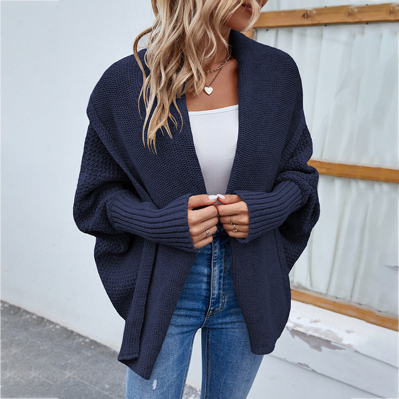 Cardigan tricoté ample de couleur unie, manches chauve-souris, cardigan à grand revers, veste de mode automne et hiver pour vêtements pour femmes