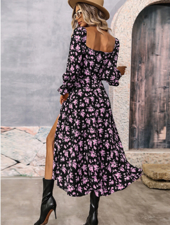 Robe longue fleurie à manches longues, encolure carrée et fente en bas – Mode femme
