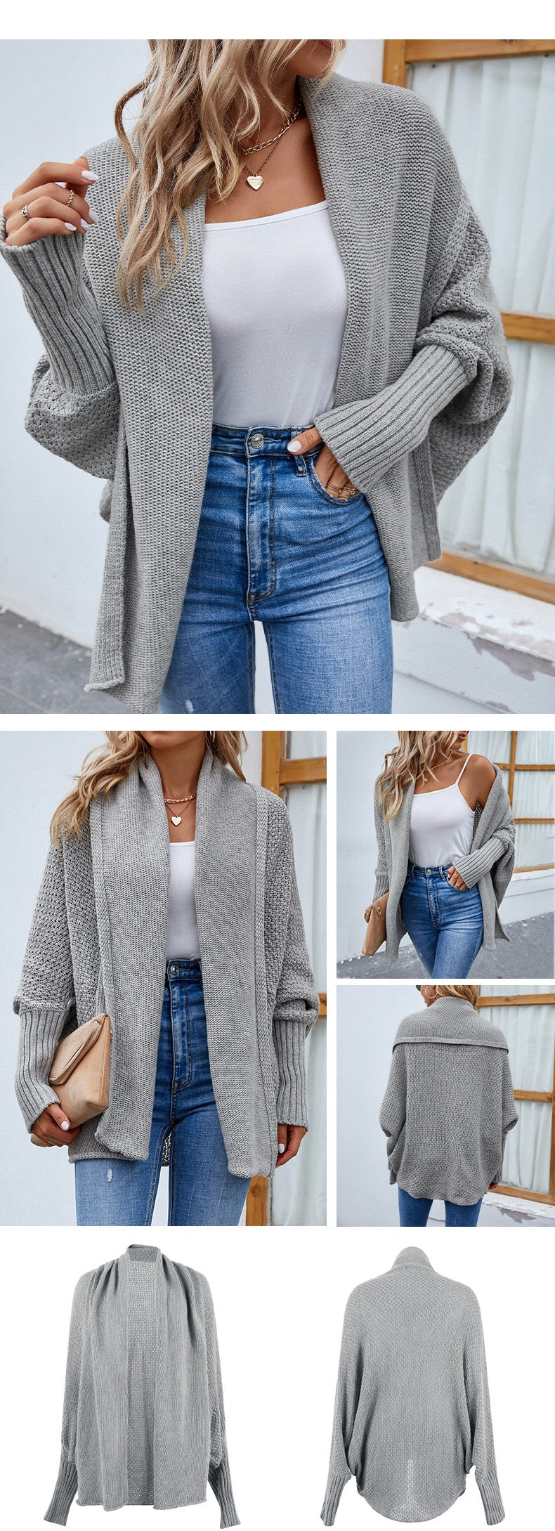 Cardigan tricoté ample de couleur unie, manches chauve-souris, cardigan à grand revers, veste de mode automne et hiver pour vêtements pour femmes