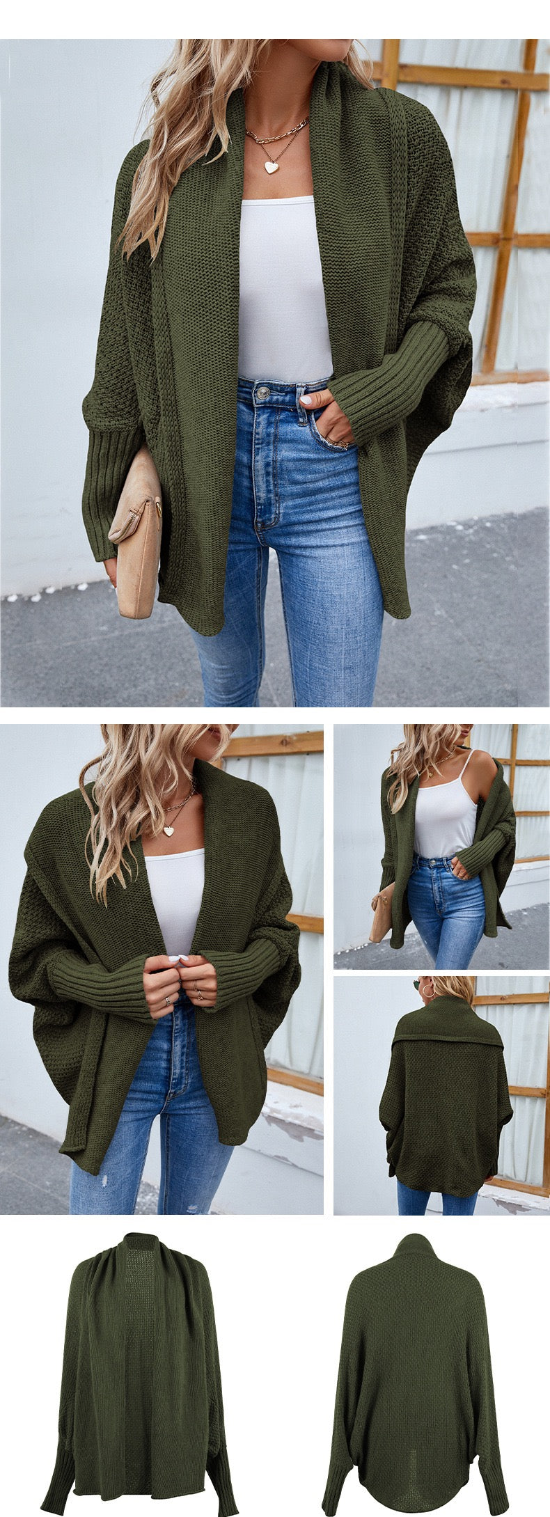 Cardigan tricoté ample de couleur unie, manches chauve-souris, cardigan à grand revers, veste de mode automne et hiver pour vêtements pour femmes