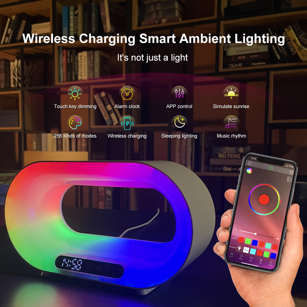 Veilleuse RVB 4 en 1 avec application, lampe, chargeur sans fil et réveil