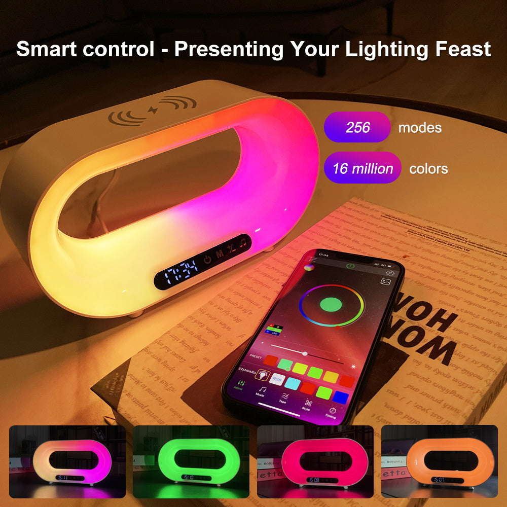 Veilleuse RVB 4 en 1 avec application, lampe, chargeur sans fil et réveil