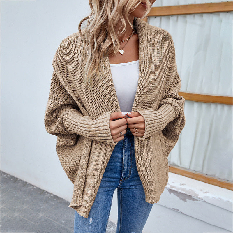 Cardigan tricoté ample de couleur unie, manches chauve-souris, cardigan à grand revers, veste de mode automne et hiver pour vêtements pour femmes