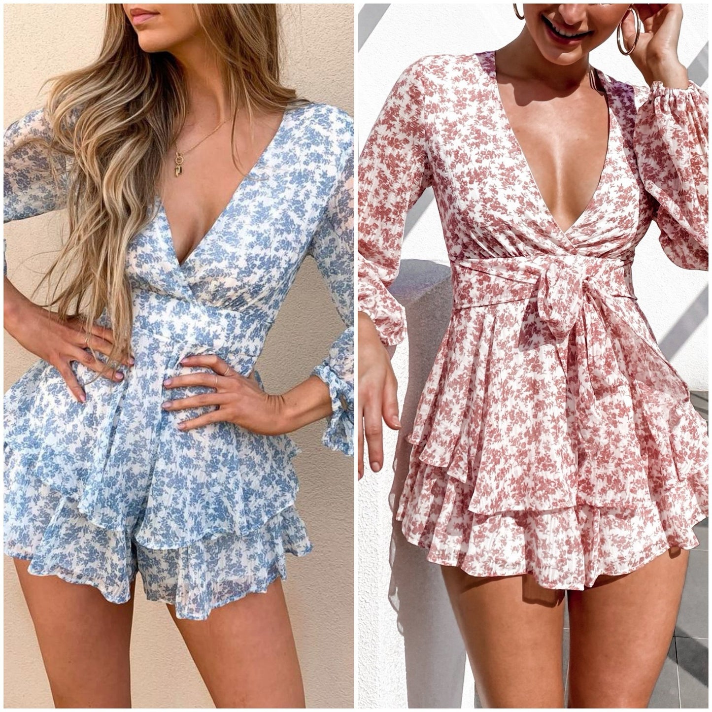 Estampado volantes manga larga cuello en V mono shorts falda