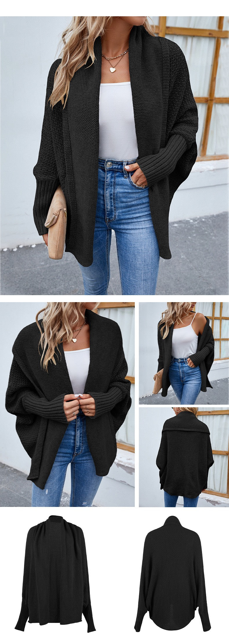 Cardigan tricoté ample de couleur unie, manches chauve-souris, cardigan à grand revers, veste de mode automne et hiver pour vêtements pour femmes