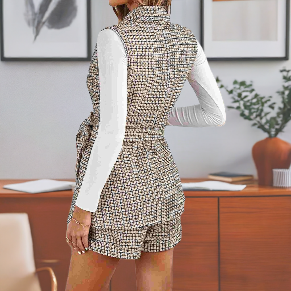 Ensemble gilet long et short tailleur à imprimé à carreaux