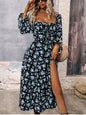 Robe longue fleurie à manches longues, encolure carrée et fente en bas – Mode femme
