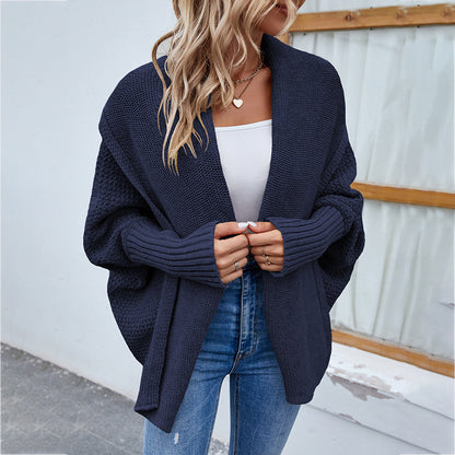Cardigan tricoté ample de couleur unie, manches chauve-souris, cardigan à grand revers, veste de mode automne et hiver pour vêtements pour femmes