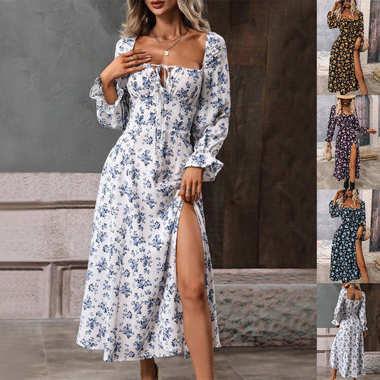Robe longue fleurie à manches longues, encolure carrée et fente en bas – Mode femme
