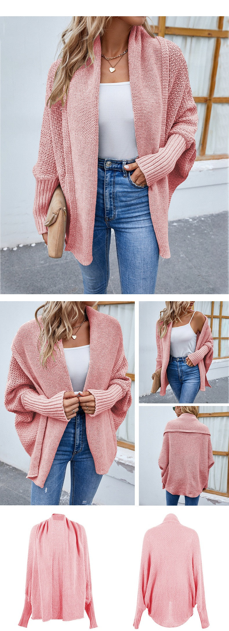 Cardigan tricoté ample de couleur unie, manches chauve-souris, cardigan à grand revers, veste de mode automne et hiver pour vêtements pour femmes