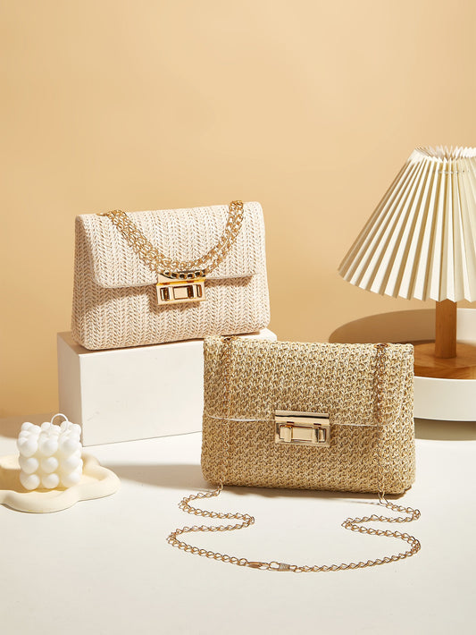 Bolso cuadrado simple con cerradura de rafía para mujer