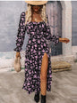 Robe longue fleurie à manches longues, encolure carrée et fente en bas – Mode femme