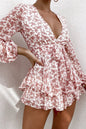 Estampado volantes manga larga  cuello en V mono shorts falda