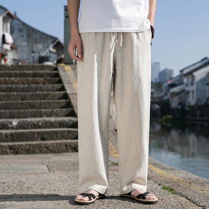 Pantalones Casuales de Algodón y Lino Para Hombre