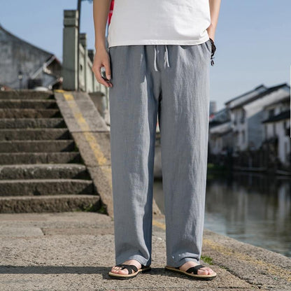 Pantalones Casuales de Algodón y Lino Para Hombre