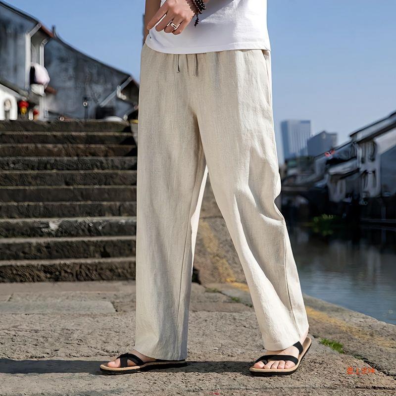 Pantalones Casuales de Algodón y Lino Para Hombre