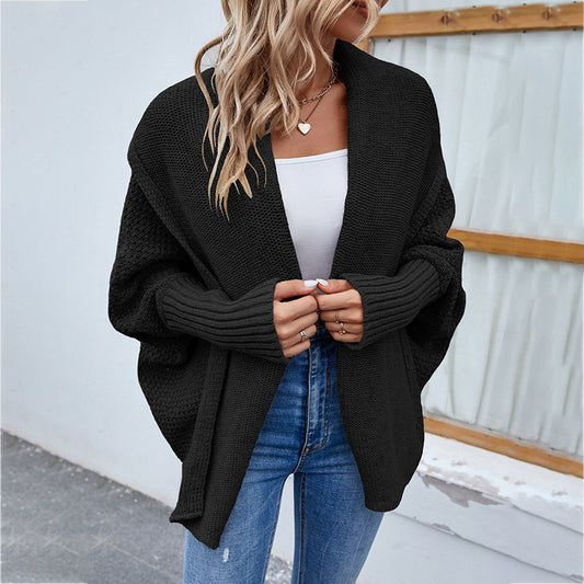 Cardigan tricoté ample de couleur unie, manches chauve-souris, cardigan à grand revers, veste de mode automne et hiver pour vêtements pour femmes