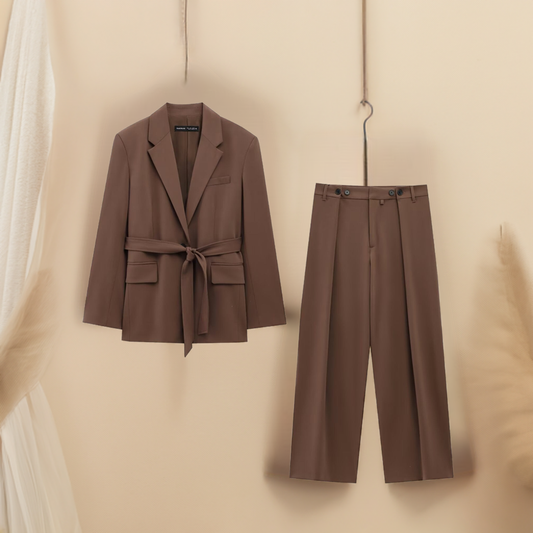 Costume deux pièces avec un blazer à nœud et un pantalon droit